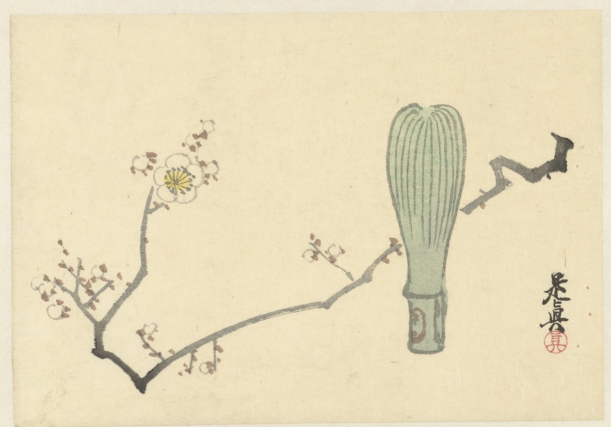 Flor de ameixa e um batedor de chá de Shibata Zeshin