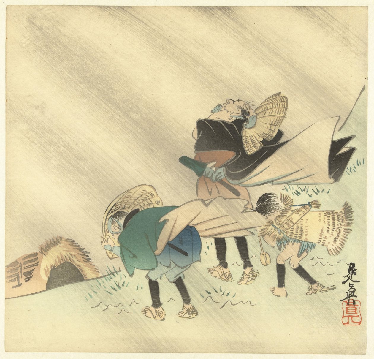 Viajantes em uma tempestade de Shibata Zeshin