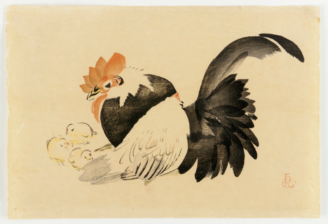 Galo, galinha e pintainhos, era de Meiji, 1870-79 (impressão do woodblock da cor) de Shibata Zeshin