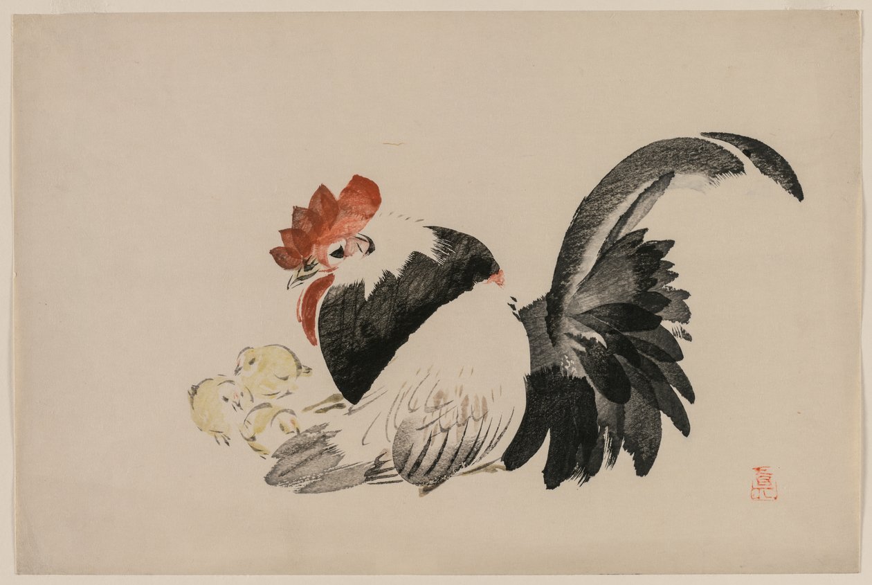 Galo, galinha e pintinhos, c. 1880s. de Shibata Zeshin