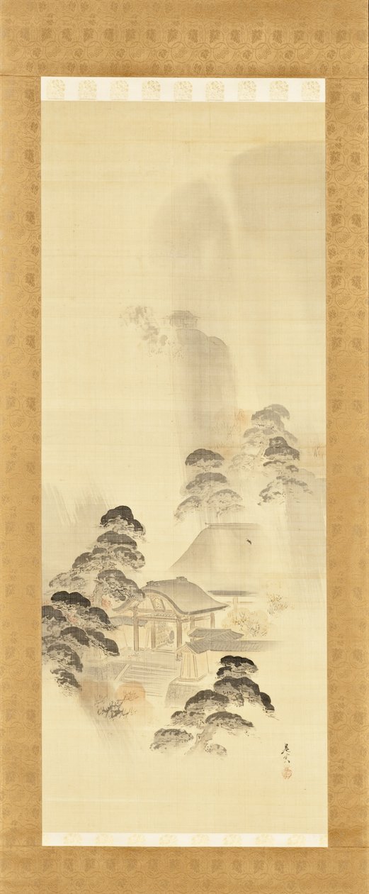 Templo sob chuva de outono de Shibata Zeshin