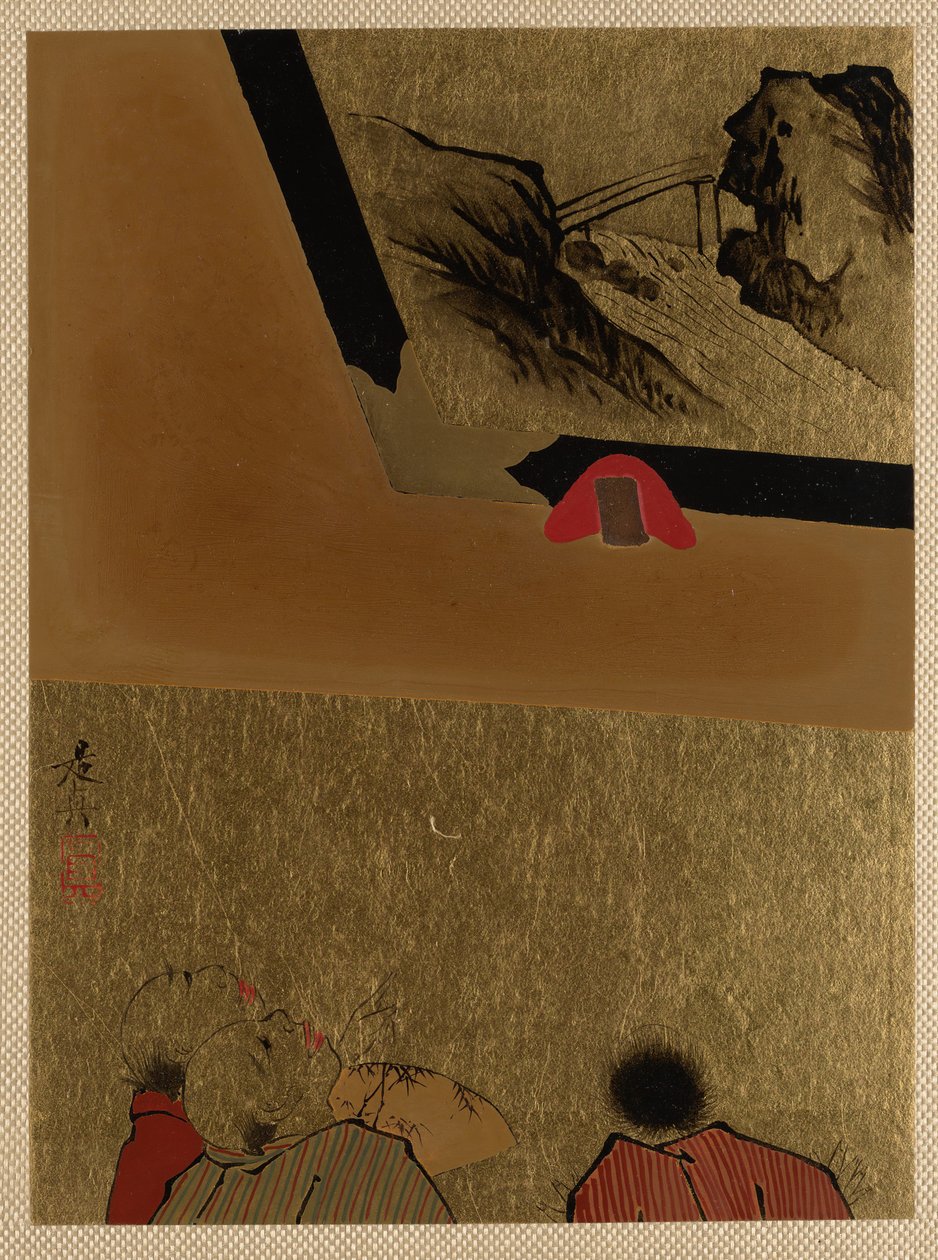 Três homens olhando para o desenho de laca emoldurada. de Shibata Zeshin