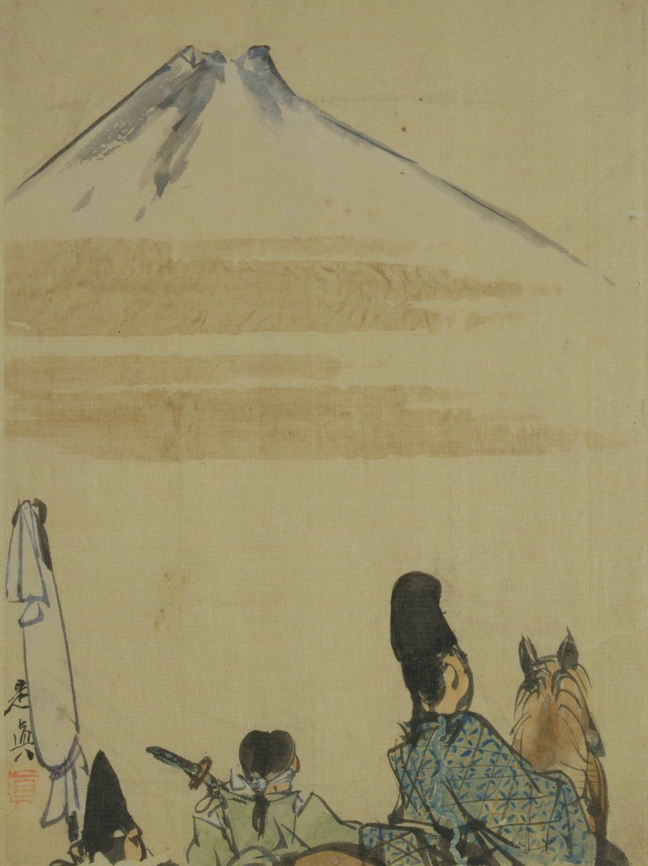 Os viajantes perto do Monte Fujiyama, c.1872 (ink & wc no papel) de Shibata Zeshin