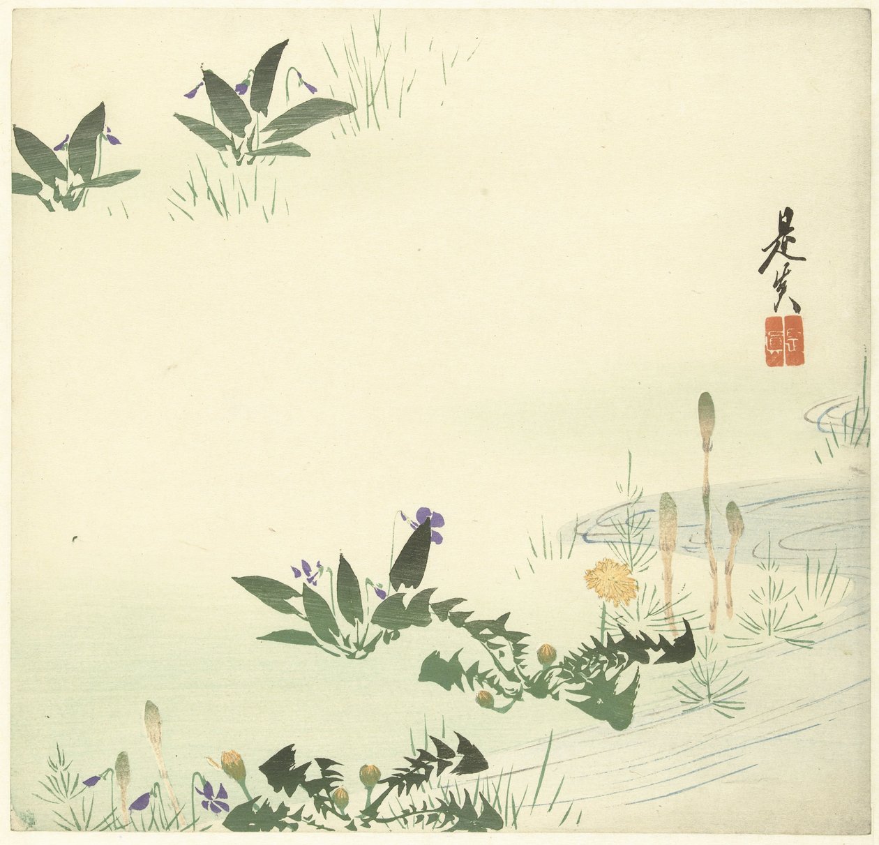 Flores da primavera por um riacho de Shibata Zeshin