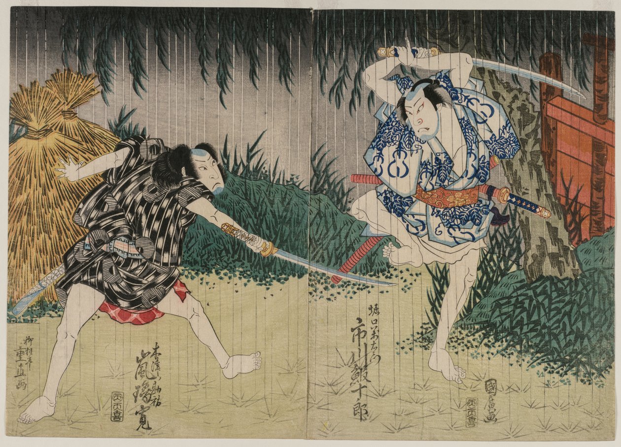 Arashi sofreu boas feridas Kansuke, Ichikawa Ebijuro boa s Horiguchi Manzaemon, 1829. de Shigenao