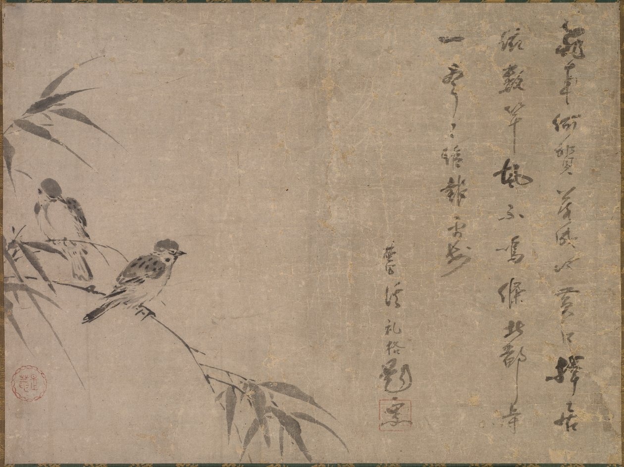 Pardais e bambu, meados do século XVI. de Shiken Seidō