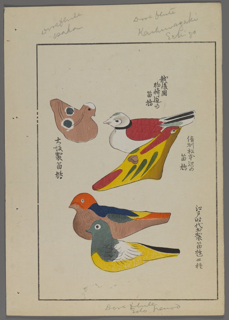 Brinquedos japoneses, de Unai no tomo (A Childs Friends), de Shimizu Seifu, 1891-1923. Flautas de pássaros. de Shimizu Seifu