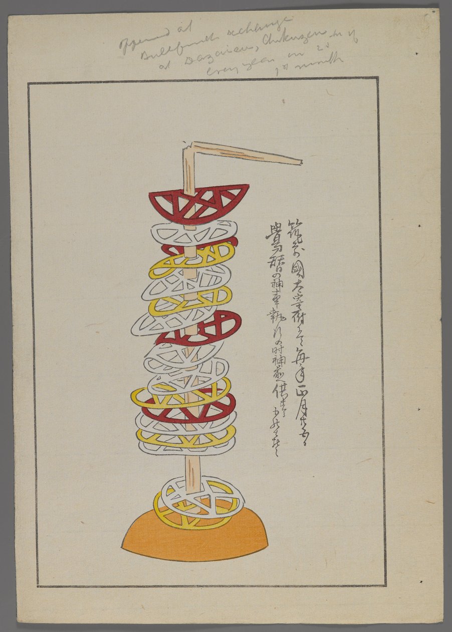 Brinquedos japoneses, de Unai no tomo (A Childs Friends), de Shimizu Seifu, 1891-1923. Discos geomtricos perfurados na vara. de Shimizu Seifu