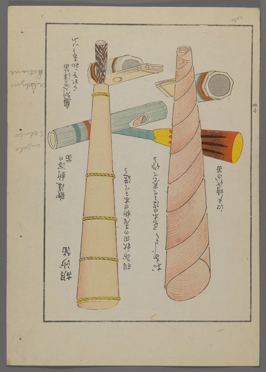 Brinquedos japoneses, de Unai no tomo (A Childs Friends), de Shimizu Seifu, 1891-1923. Flautas e chifres. de Shimizu Seifu