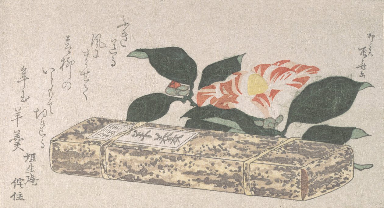 Flor de Camélia e Yokan uma espécie de geleia de feijão Envolto em Pele de Bambu, 1811., 1811. de Shinsai