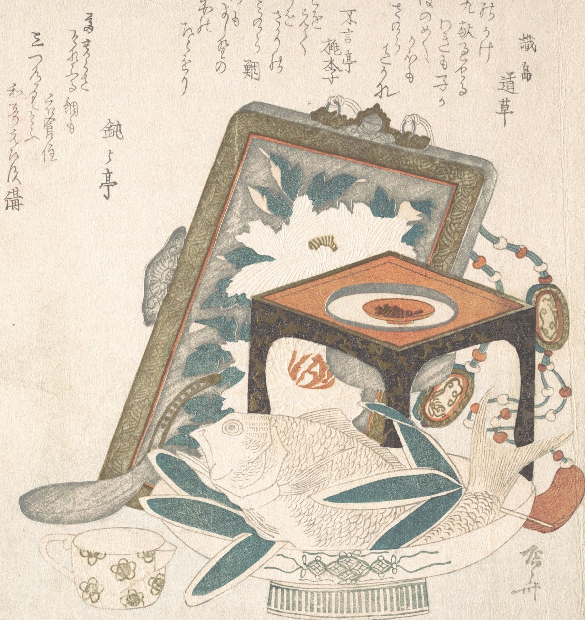 Pintura emoldurada, Banquinho com Taça de Vinho e Prato com Peixe, Séc. XIX., Séc. XIX. de Shinsai