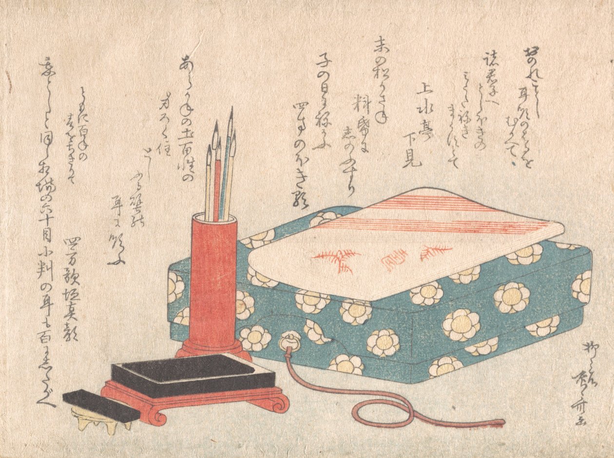 Conjunto de escrita e caixa de cartão de poemas Shikishi-bako, do álbum Spring Rain Surimono Har..., ca. 1805-10. de Shinsai