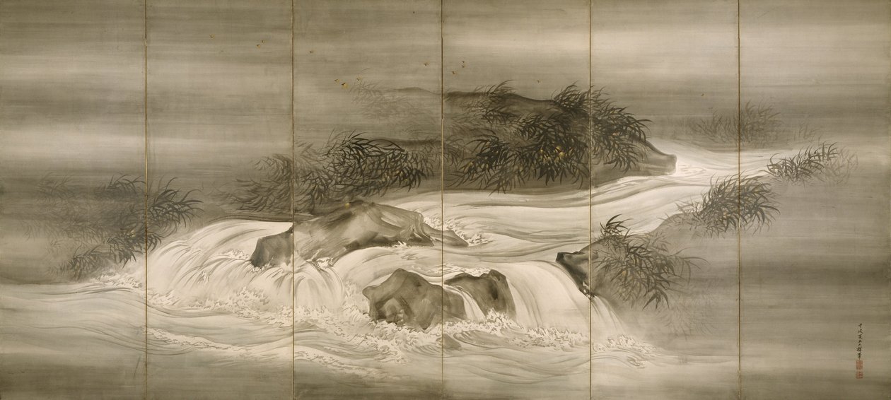 Paisagem de rio com vaga-lumes de Shiokawa Bunrin
