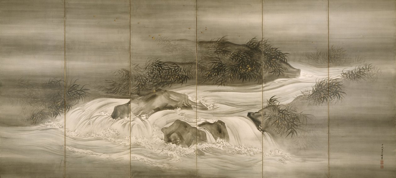Paisagem do rio com vaga-lume, 1874 de Shiokawa Bunrin