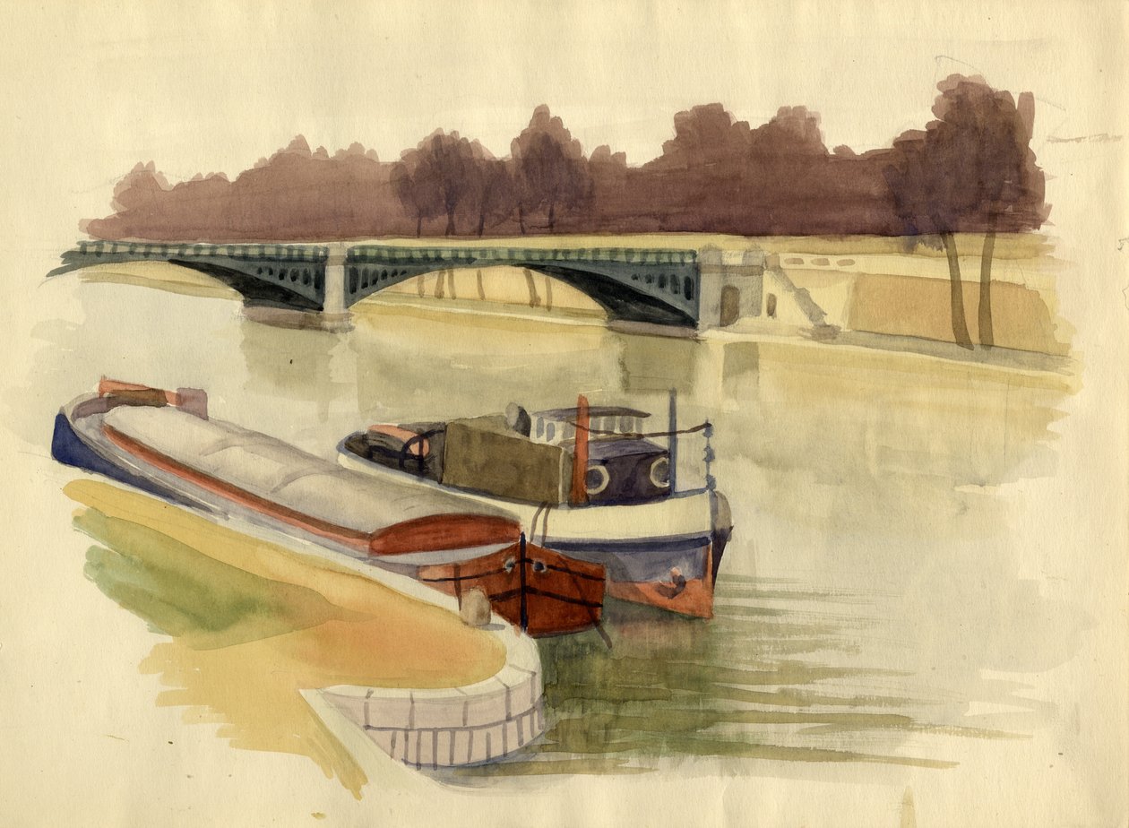 Barcaças no rio Tâmisa perto de Battersea Bridge, Londres, c1951. de Shirley Markham