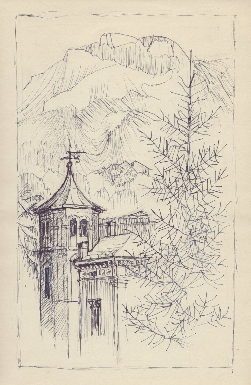 Igreja e montanhas, Itália, c1950. de Shirley Markham