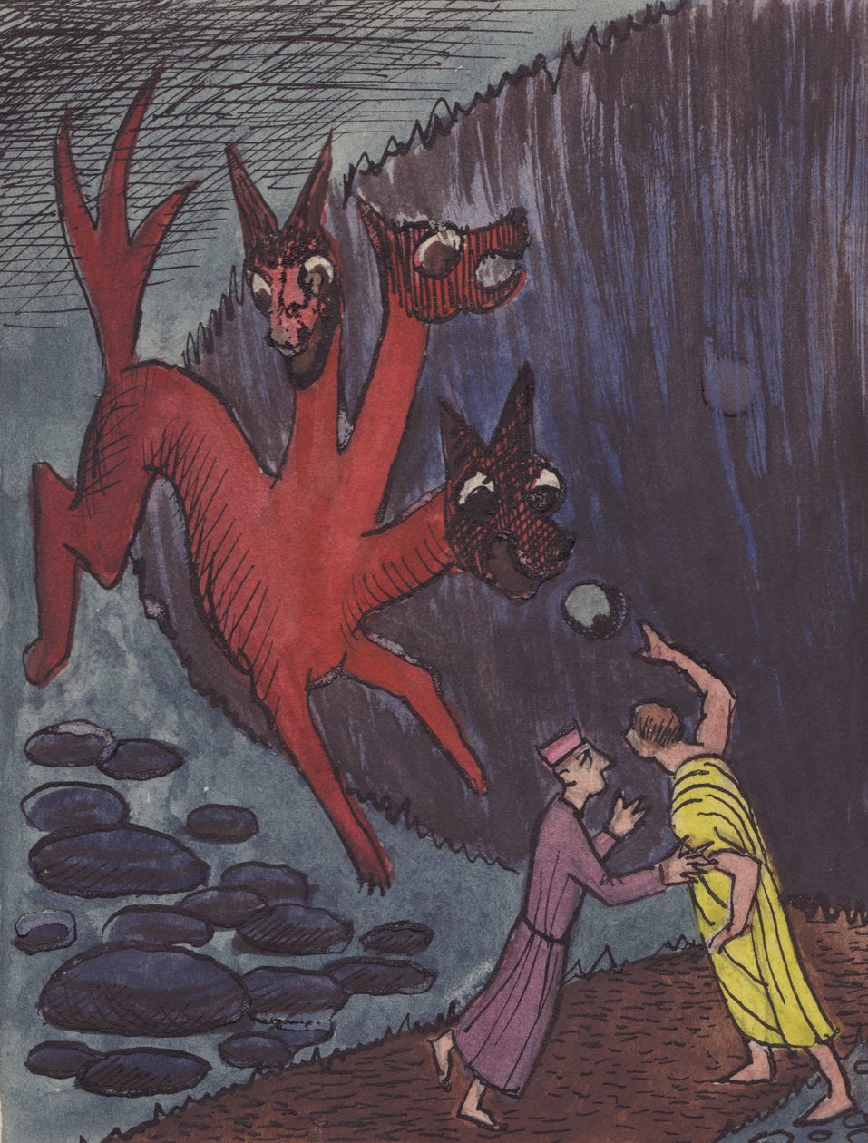 Dante e Virgílio com o monstro de três cabeças, 1951. de Shirley Markham