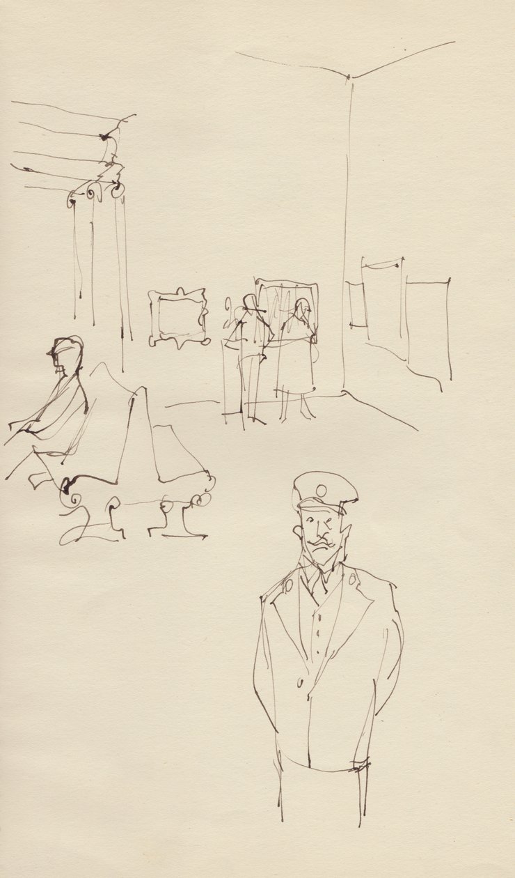 Guarda em uma galeria de arte, c1950. de Shirley Markham