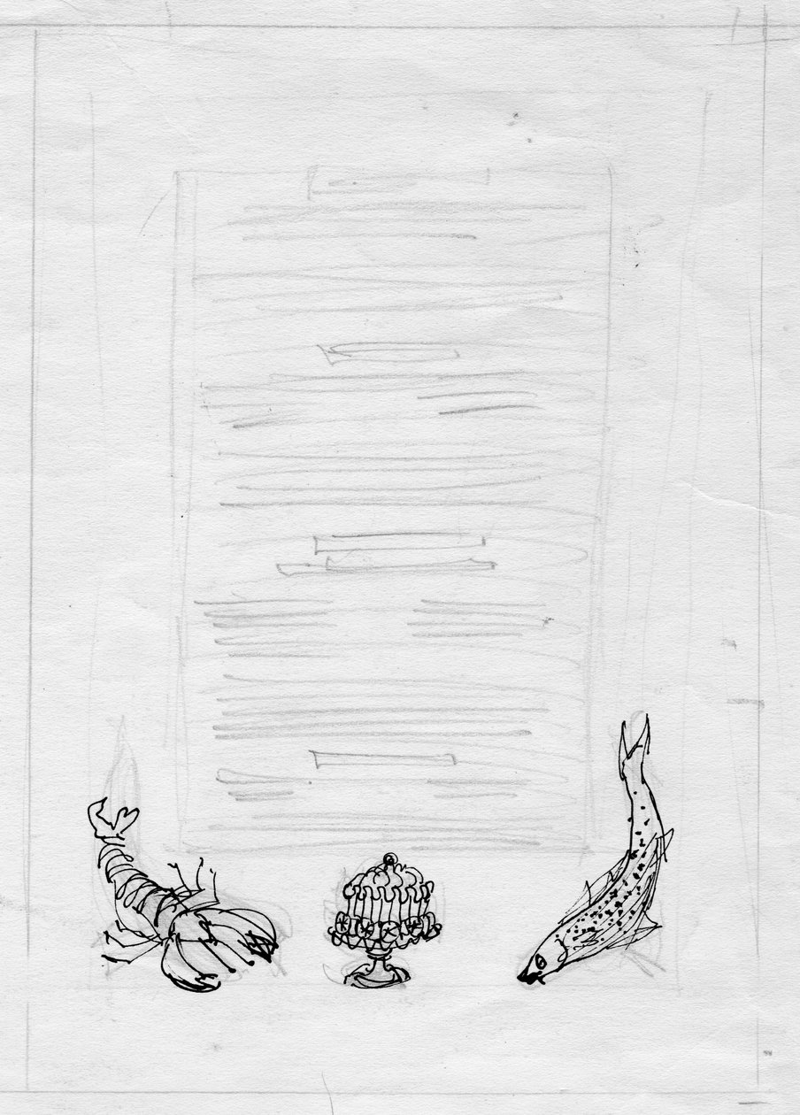 Lagosta, peixe e bolo, design de menu, c1950. de Shirley Markham