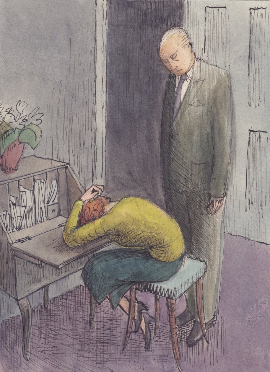 Homem de pé sobre uma mulher encolhida, 1952. de Shirley Markham