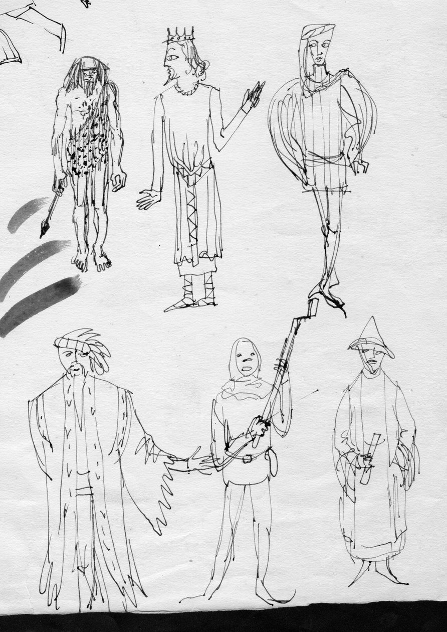 Página de esboços, pessoas em trajes de época, c1950. de Shirley Markham