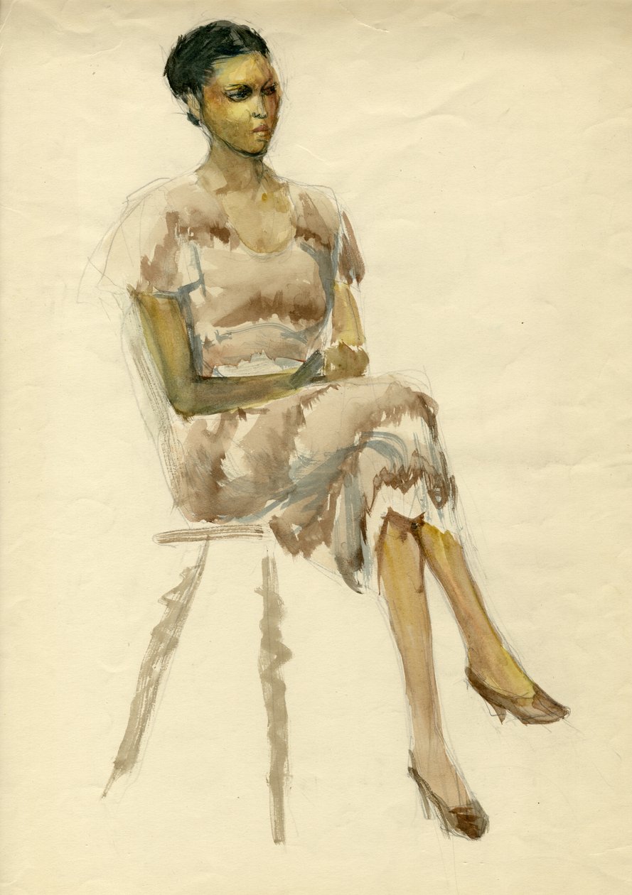Mulher sentada em vestido marrom, c1952. de Shirley Markham