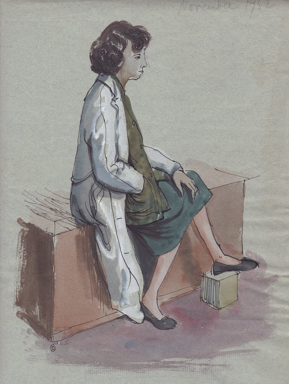 Mulher sentada de jaleco branco, 1952. de Shirley Markham