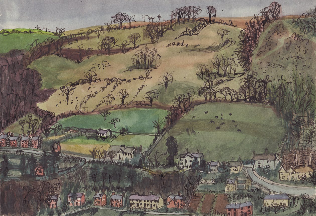 Aldeia e campos, c1950. de Shirley Markham
