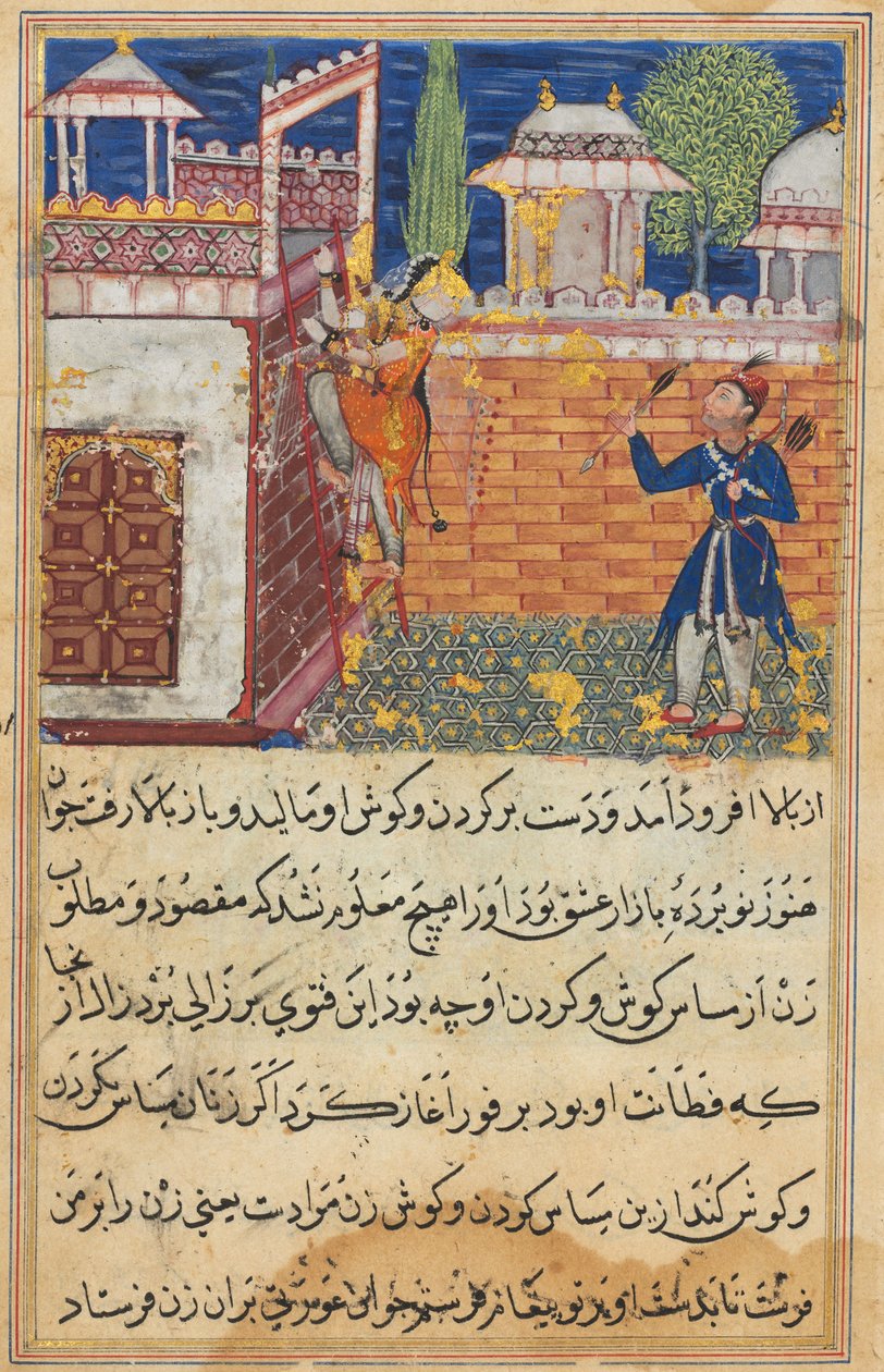 Página de Tales of a Parrot Tuti-nama: Oitava noite: A esposa enganadora retorna..., 1558-1560. de Shravana