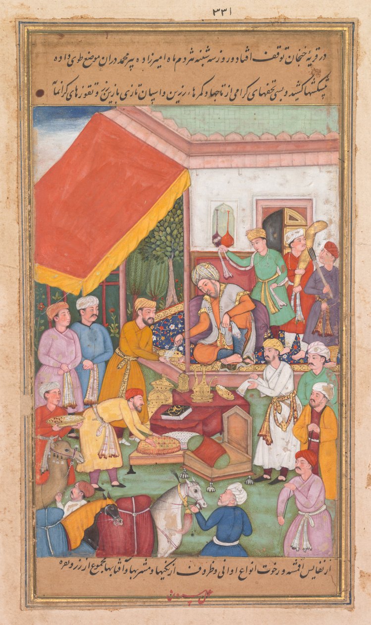 Timur distribui presentes do seu neto, o Príncipe de Multan, de um Zafar-nama..., 1598-1600. de Shravana