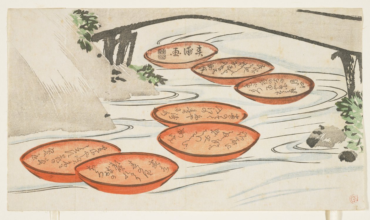 Copos de saquê em um rio, c.1854-59 (impressão em xilogravura a cores) de Shumpo