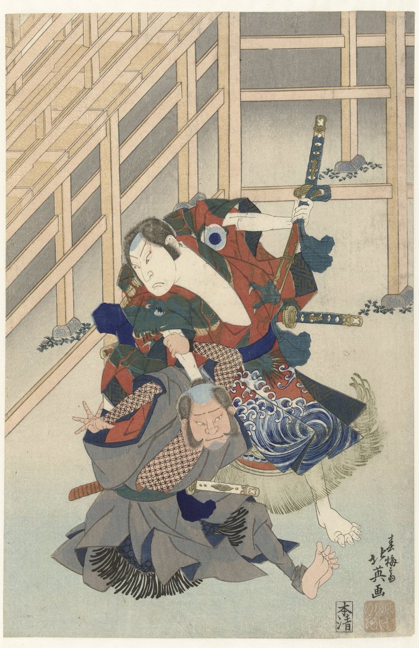 Dois atores de luta de Shunbaisai Hokuei