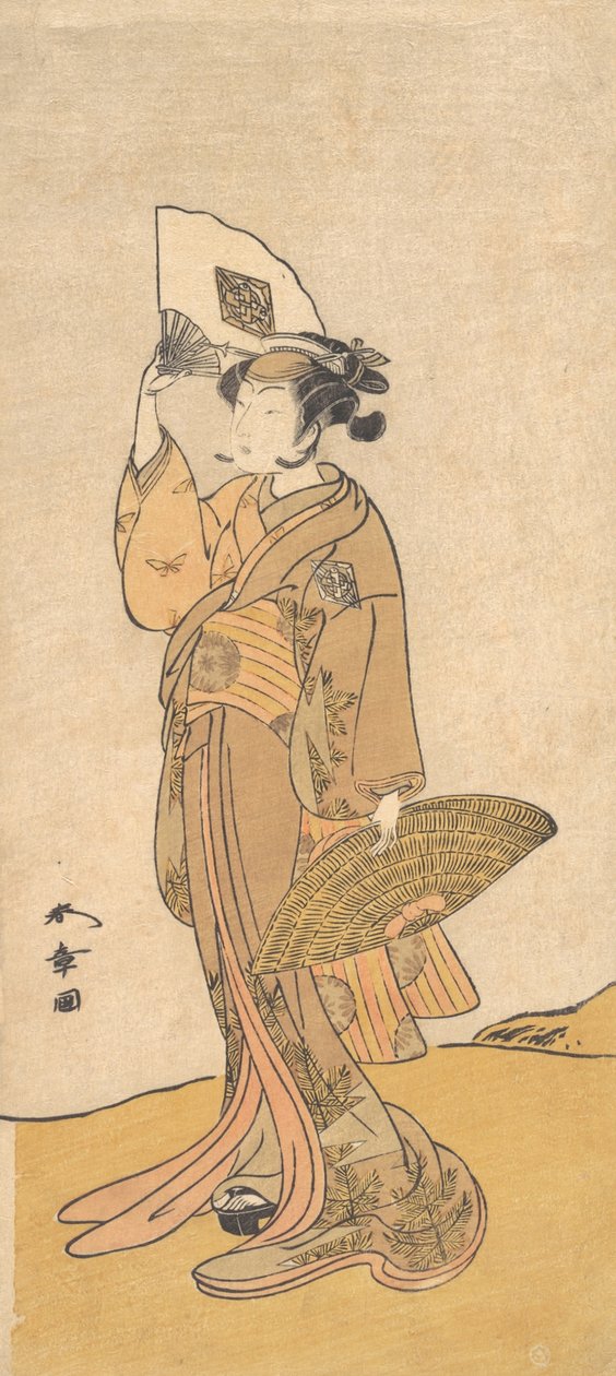 Nakamura Matsue II como uma mulher de pé em uma colina, 1773. de Shunsho