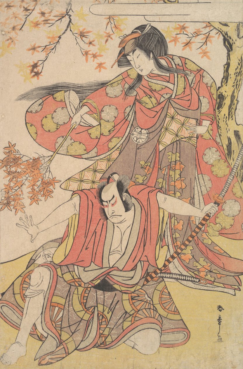Segawa Kikunojo III como uma mulher em pé debaixo de uma árvore de bordo no outono, ca. 1778., c. 1778. de Shunsho