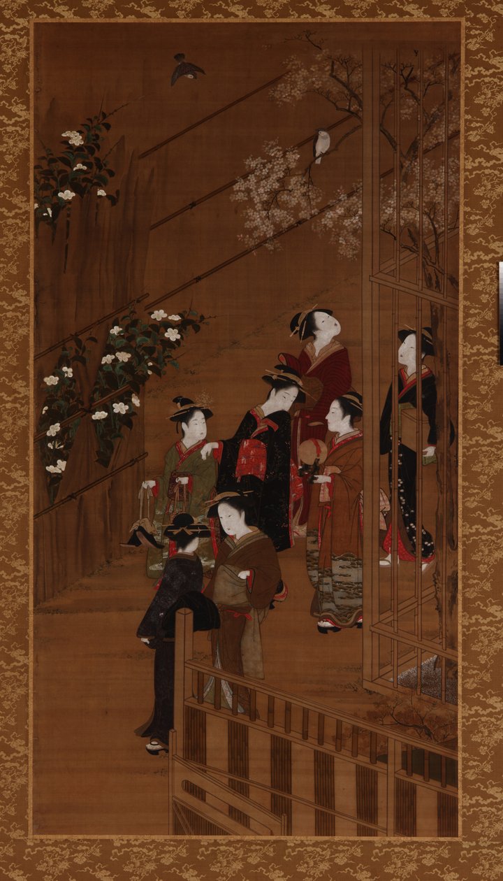 Sete mulheres caminhando perto de uma quadra de futebol, período Edo, meados do século XVIII. de Shunsho