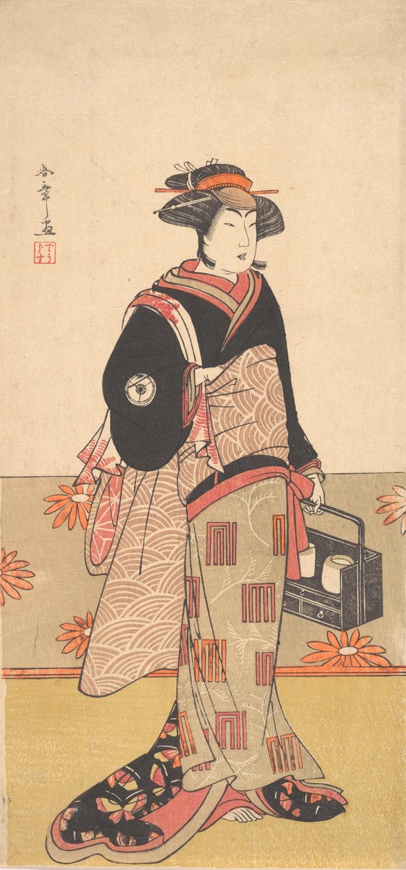 O ator Iwai Hanshiro IV como uma mulher em um quimono preto, ca. 1780. de Shunsho