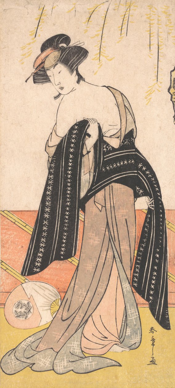 O ator Nakamura Riko como um Oiran amarrando seu Obi, ca. 1779. de Shunsho