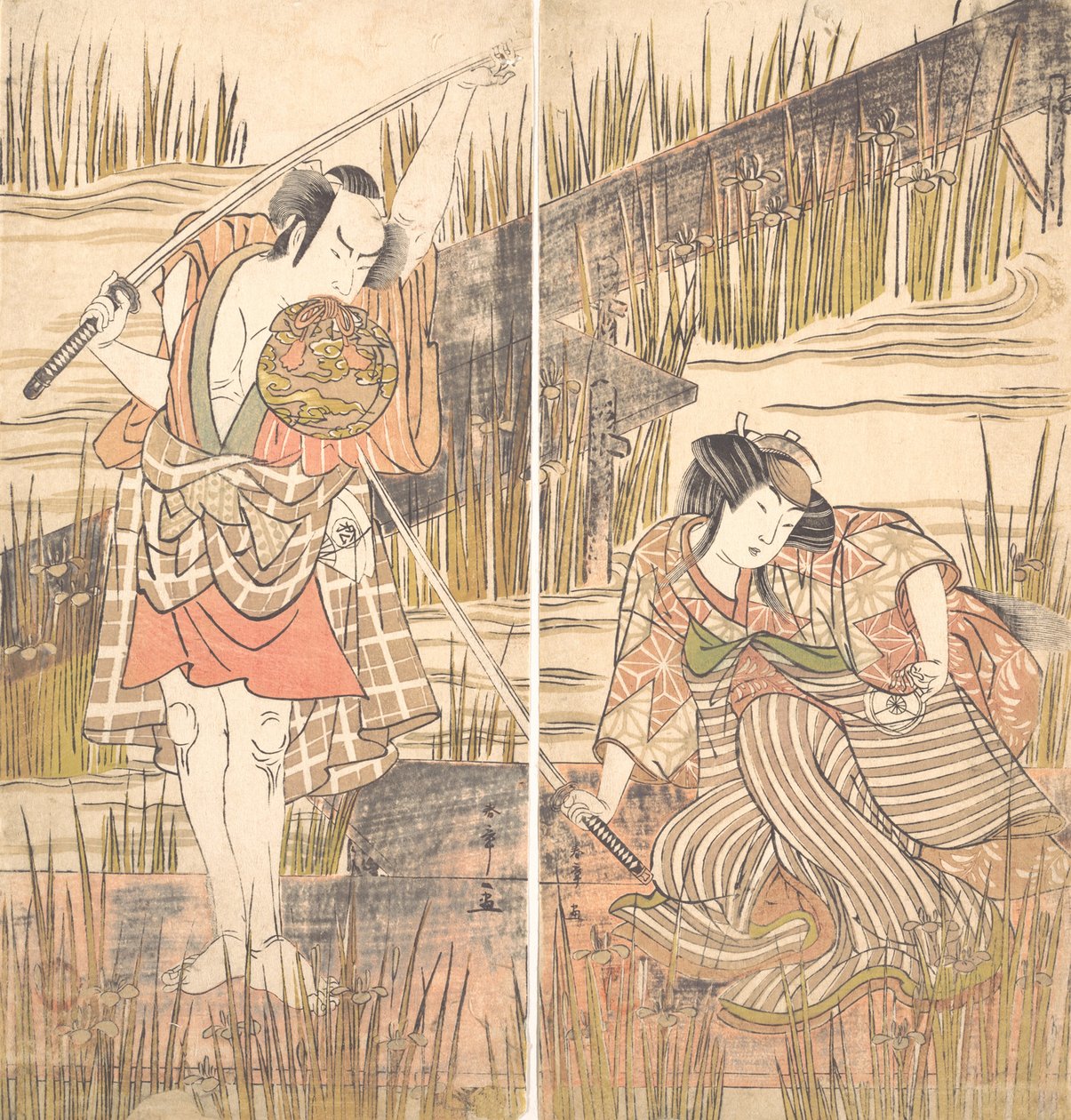 O ator Onoye Matsusuke com a espada segurada acima da cabeça com as duas mãos, ca. 1778. de Shunsho