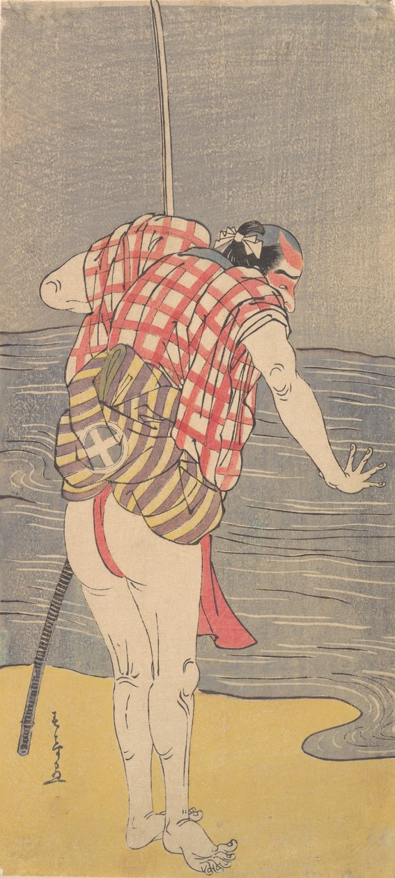 O ator Otani Hiroemon III como homem pronto para entrar no mar com uma espada desembainhada, ca. 1775. de Shunsho