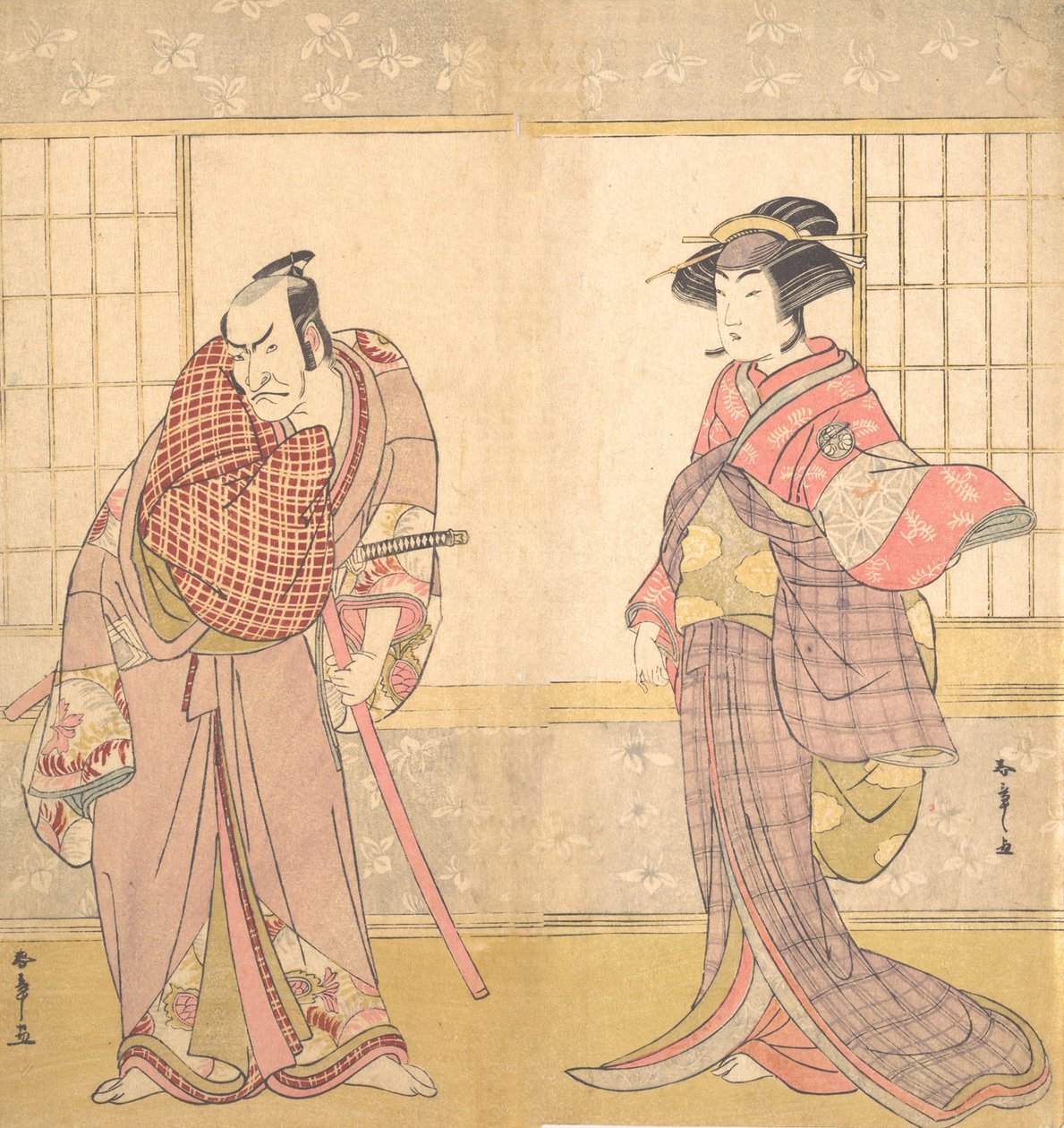 O Quinto Ichikawa Danjuro como um homem de pé em uma sala, ca. 1780. de Shunsho