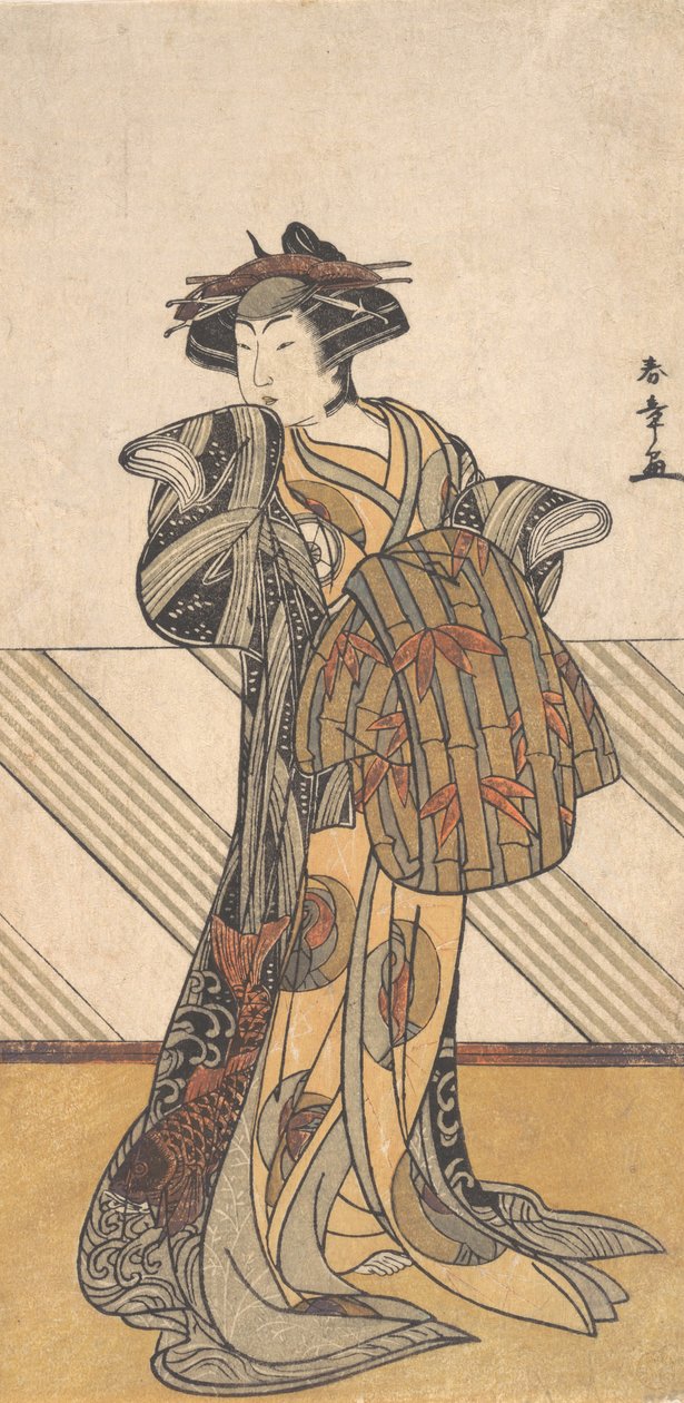O Quarto Iwai Hanshiro como uma cortesã vestida com um quimono rosa, ca. 1778. de Shunsho
