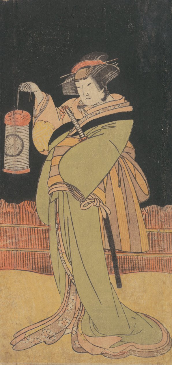 O segundo Yamashita Kinsaku como uma mulher de pé à noite, ca. 1779. de Shunsho