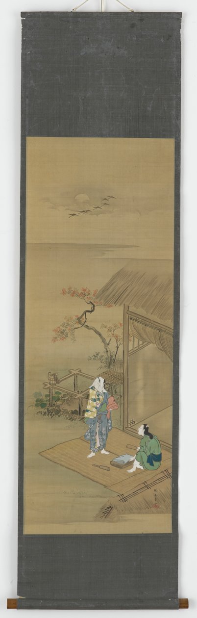 Duas camponesas batendo panos do lado de fora de uma casa, período Edo, século XVIII. de Shunsho