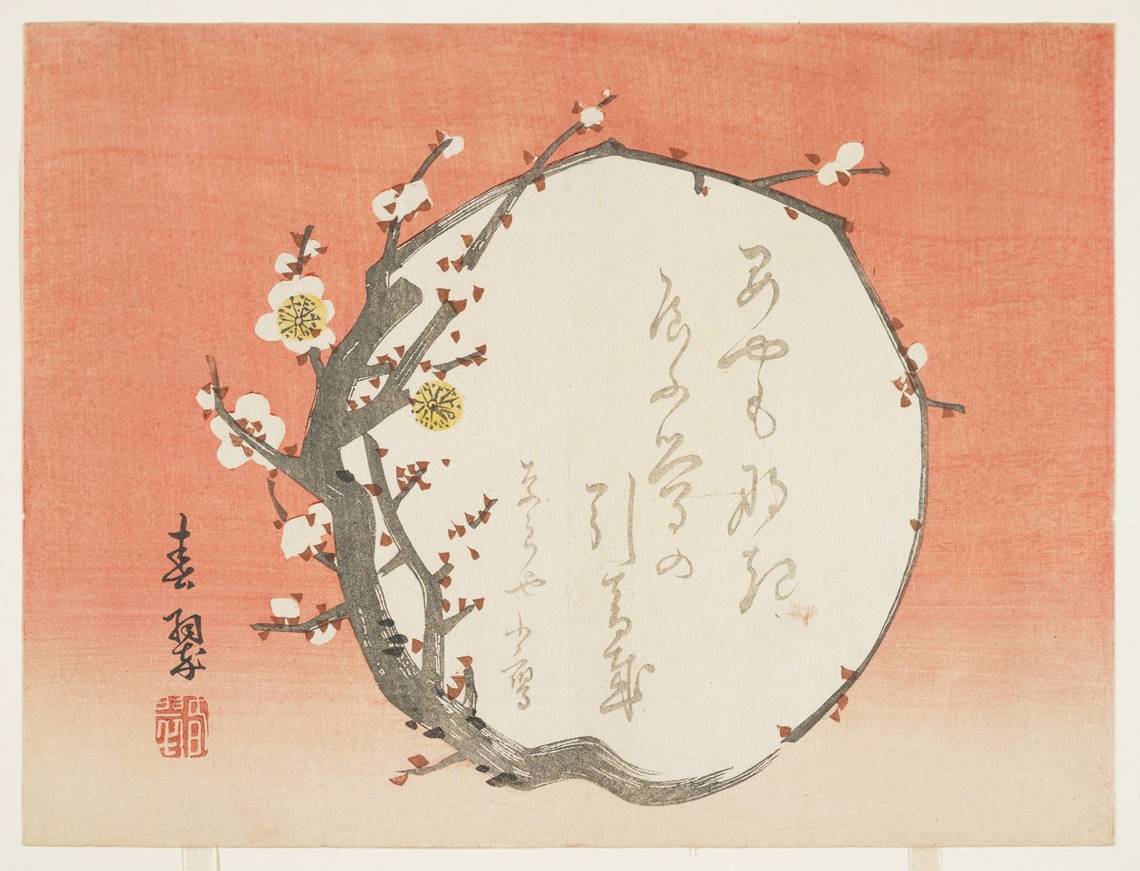 Ramo circular de uma ameixeira, c.1854-59 (impressão em xilogravura a cores) de Shunsui