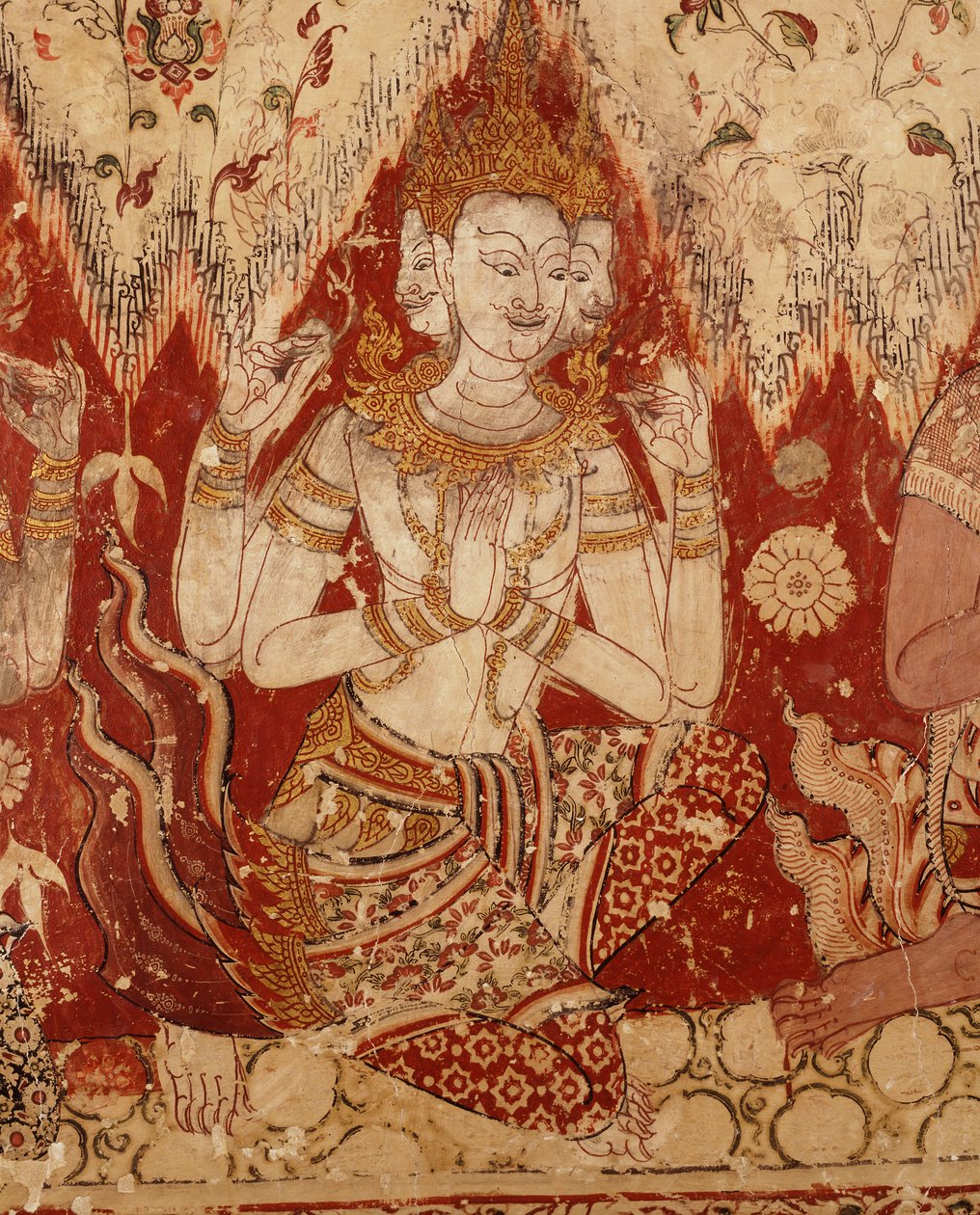 Detalhe das pinturas murais mostrando divindades celestes que datam do final do período de Ayutthaya de Siamese School