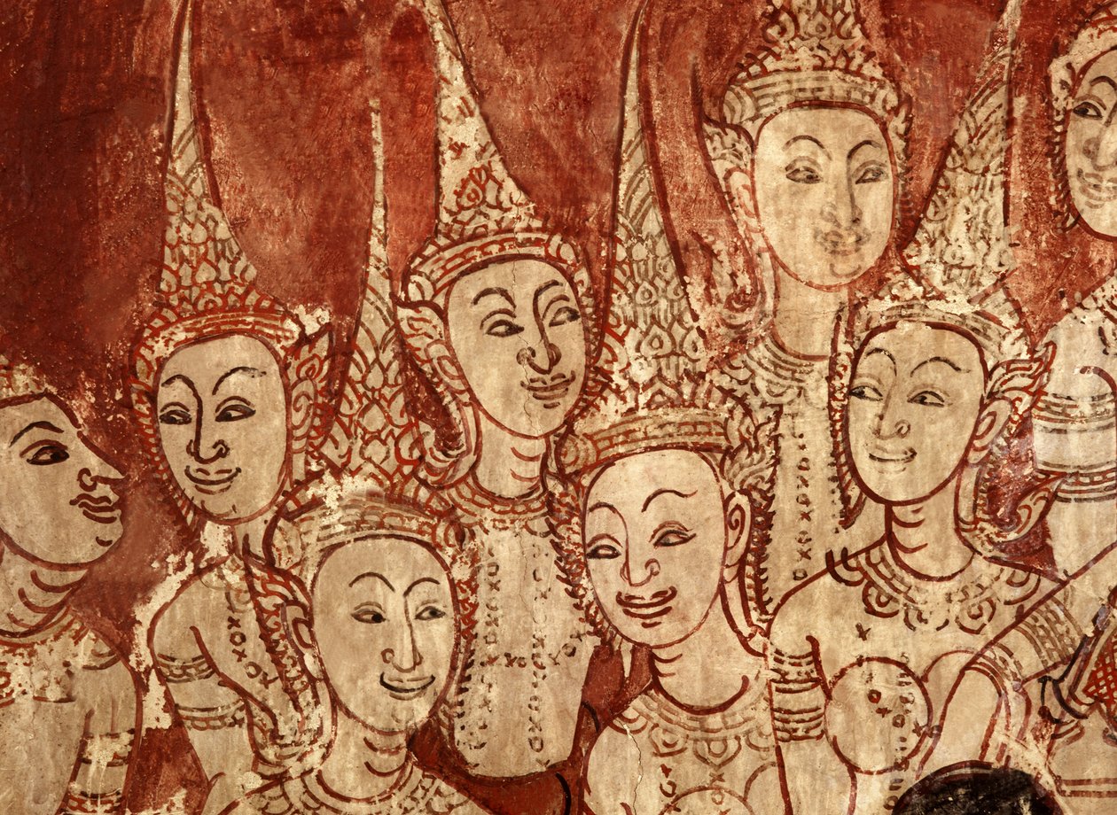 Detalhe das pinturas murais mostrando divindades celestes que datam do final do período Ayutthaya (pintura em pedra) de Siamese School