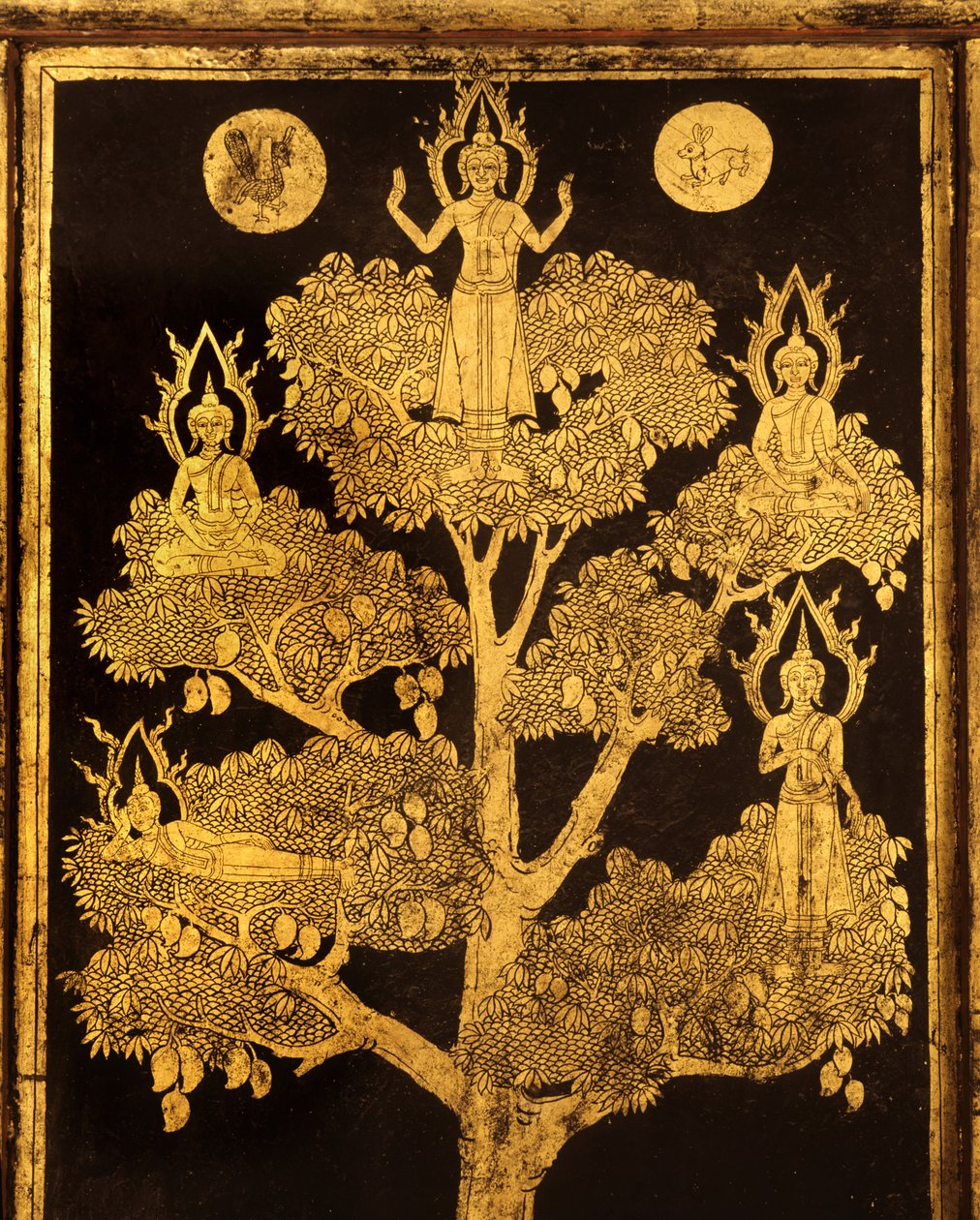 Painel traseiro de um armário de manuscritos com cenas budistas, provavelmente no final do período Ayutthaya (madeira dourada e lacada) de Siamese School