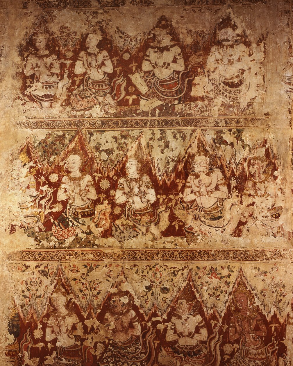 Pinturas murais mostrando divindades celestes que datam do início do século 18 período Ayutthaya (pintura em pedra) de Siamese School