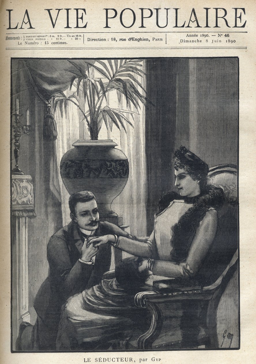 Um homem de joelhos segura a mão de uma mulher elegante, sentada numa sala burguesa, com o casaco, a manga e o lenço de pele. Ilustração para Le Seducteur par Gyp (Sibylle Gabrielle Marie Antoinette Riquetti de Mirabeau, Condessa de Martel d de Sibylle Gabrielle de Riquetti de Mirabeau