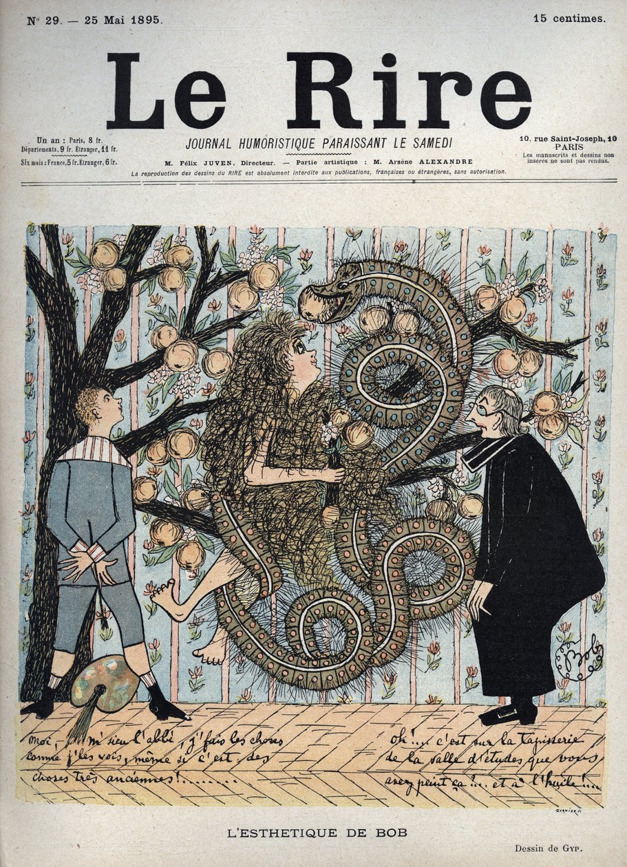 Eve e a Serpente: "A Estética de Bob" - Desenho Humoroso de Cigano (Sibylle Gabrielle Marie Antoinette Riquetti de Mirabeau, Condessa de Martel de Janville) (1849-1932) - "O Riso", 25 de Maio de Sibylle Gabrielle de Riquetti de Mirabeau